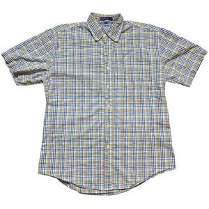Alan Flusser Men's M Blue Yellow Plaid Button Down Cotton Short Sleeve‎ Shirt